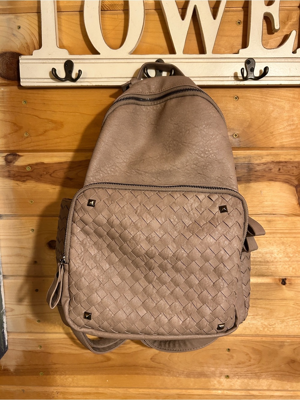 Madison West Taupe Woven-Front Backpack